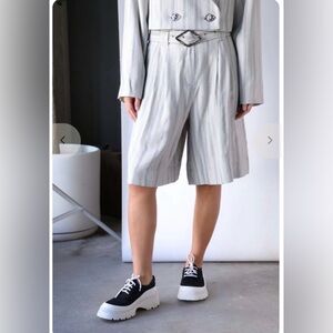 Ganni Drapey Wide Belted Shorts - Phantom Stripe